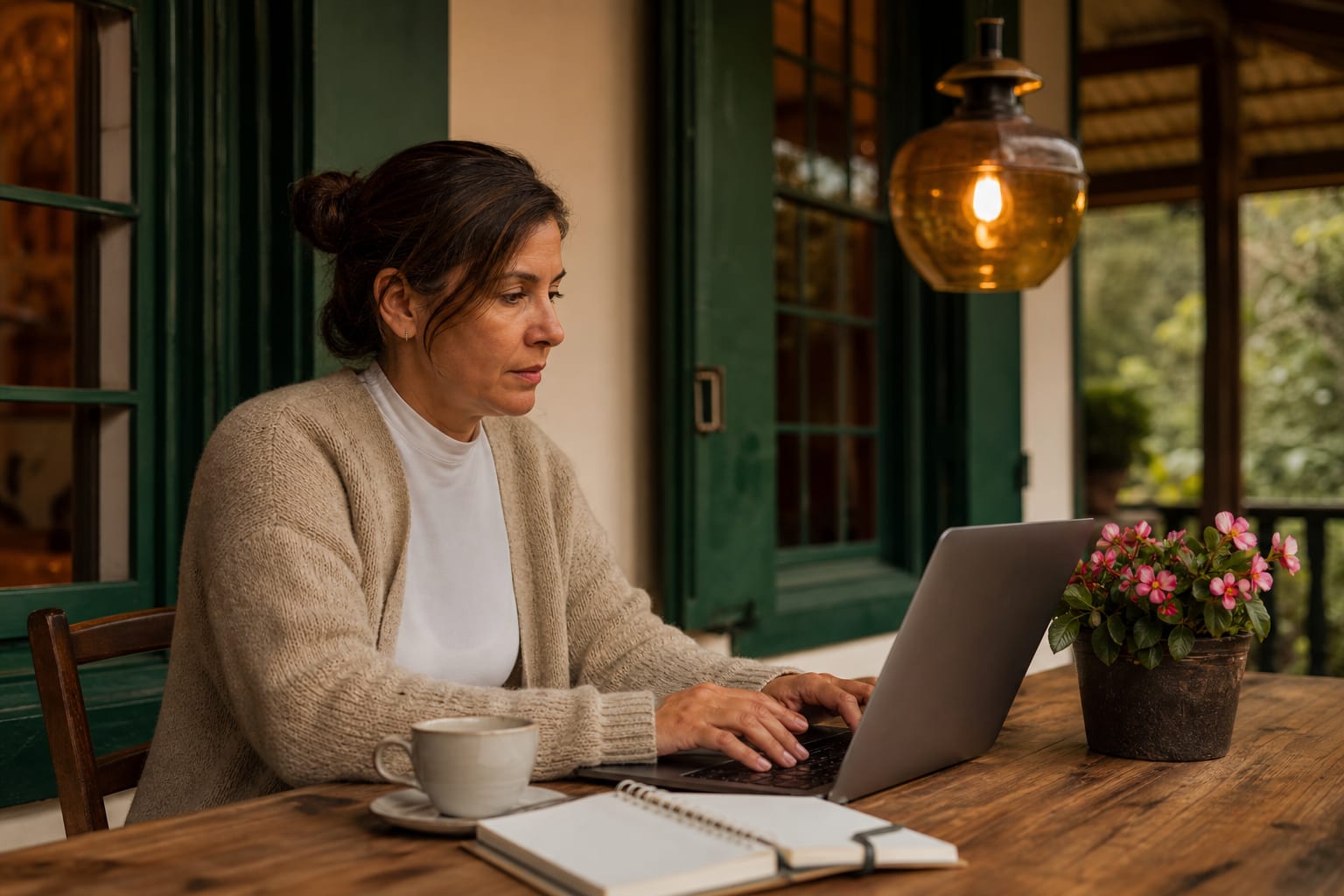 Proprietária de pousada faz as contas do mês na varanda, com notebook e caderno sobre a mesa de madeira