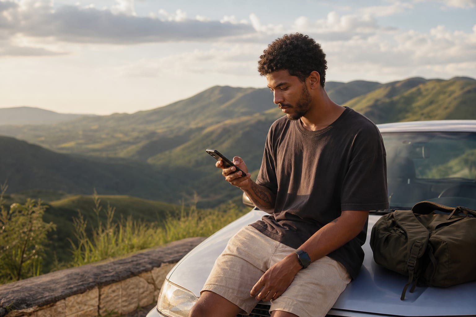 Viajante confirma reserva pelo celular em mirante de estrada de serra ao fim da tarde