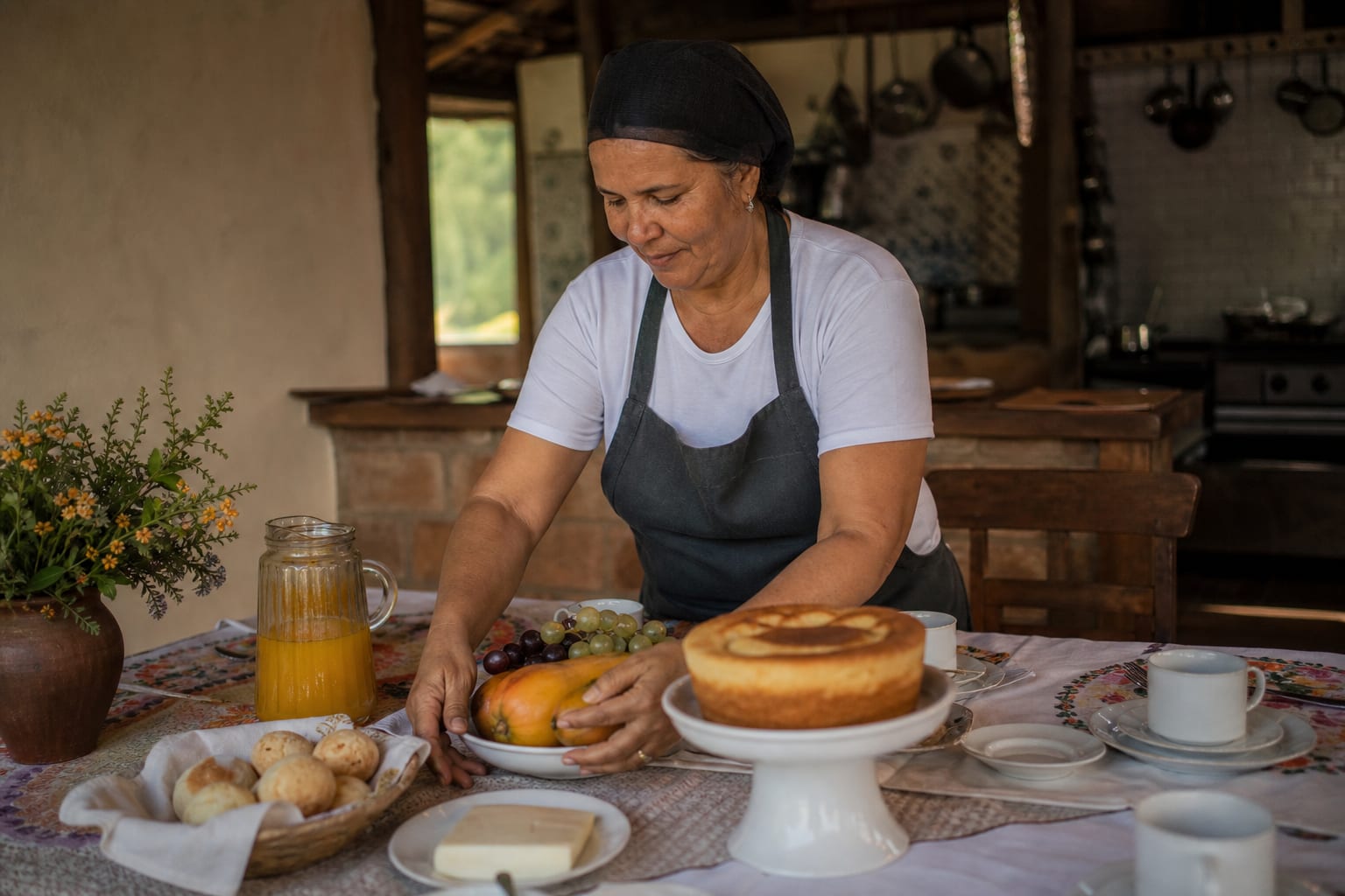 Mesa de café da manhã de pousada sendo montada, com bolo, pão de queijo e louça branca